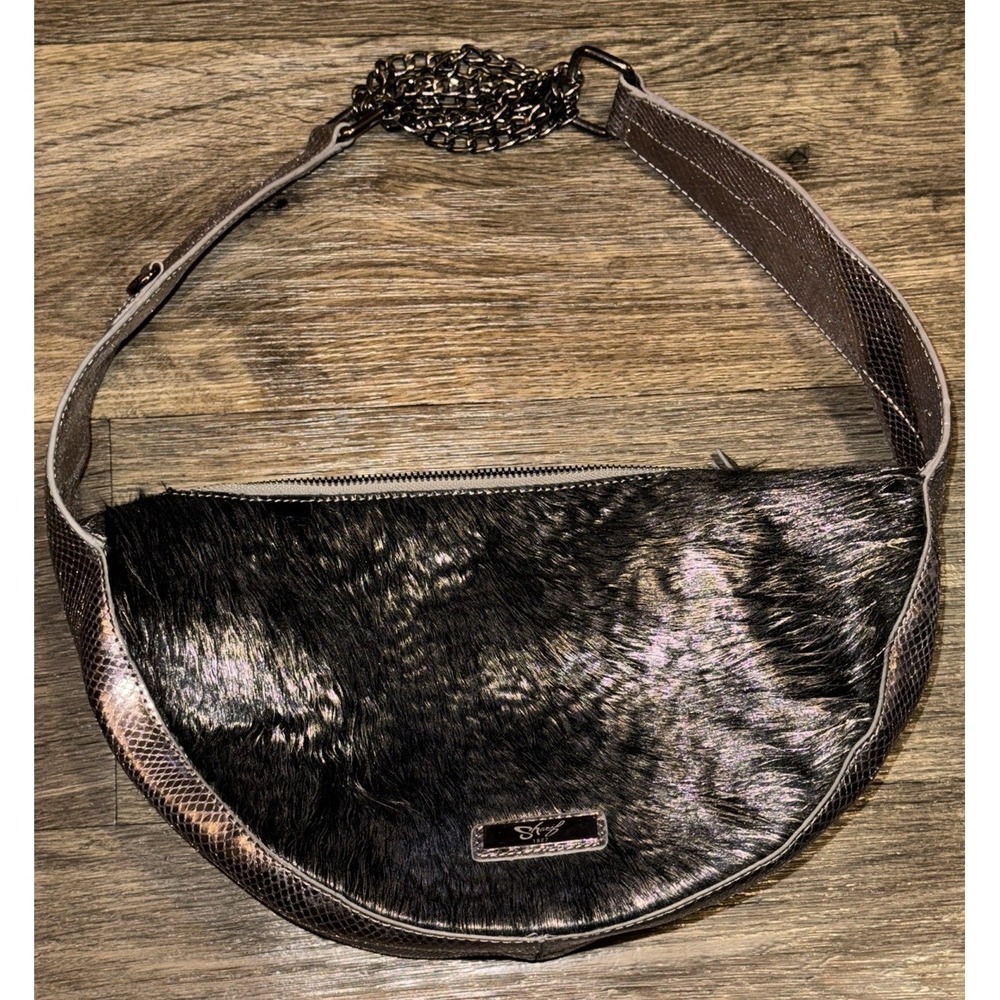 Sharif Hobo Purse Fur Snakeskin Print Chain Strap Mob Wife Silver 13 X 7